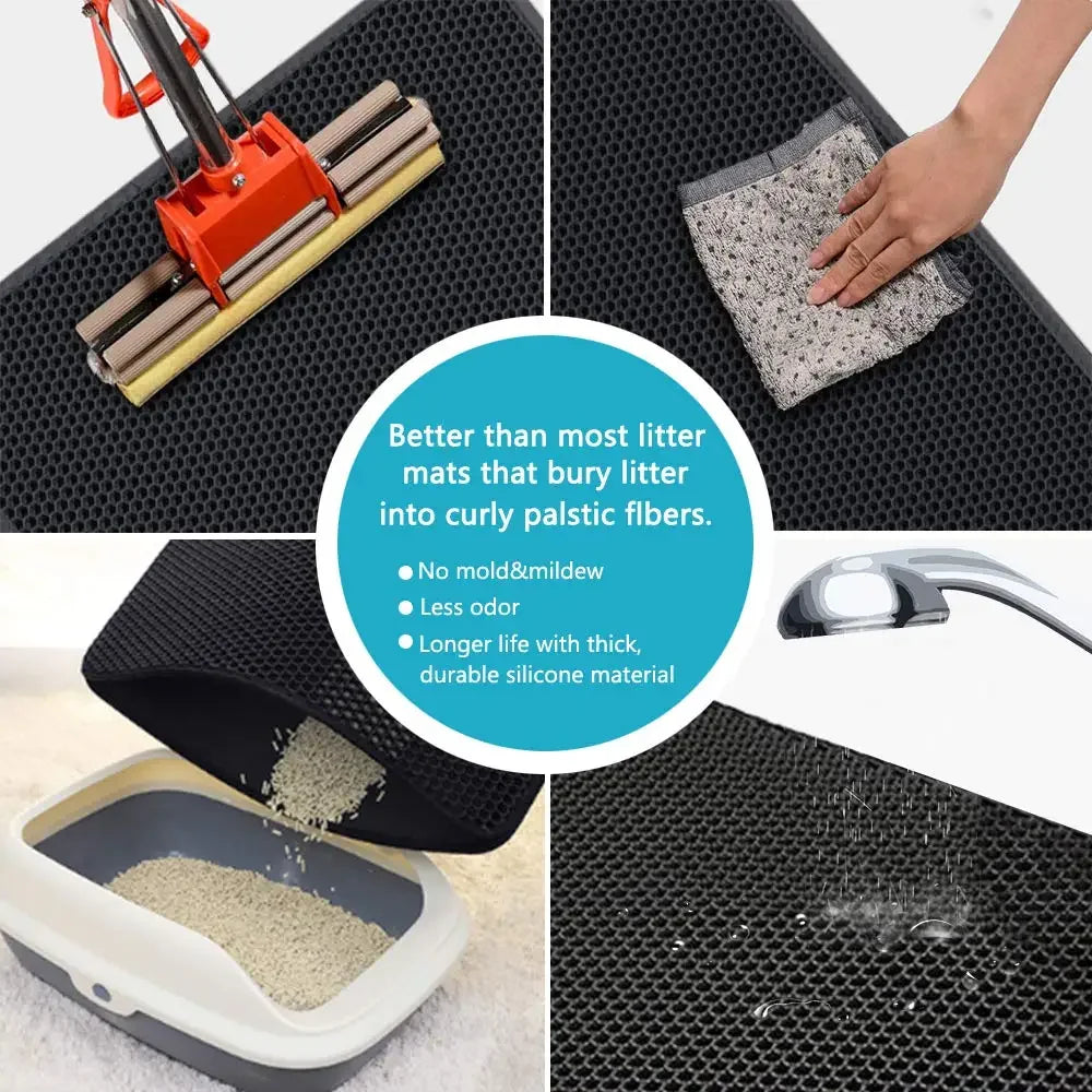 Collage of a litter mat with cleaning tools and features highlighted.