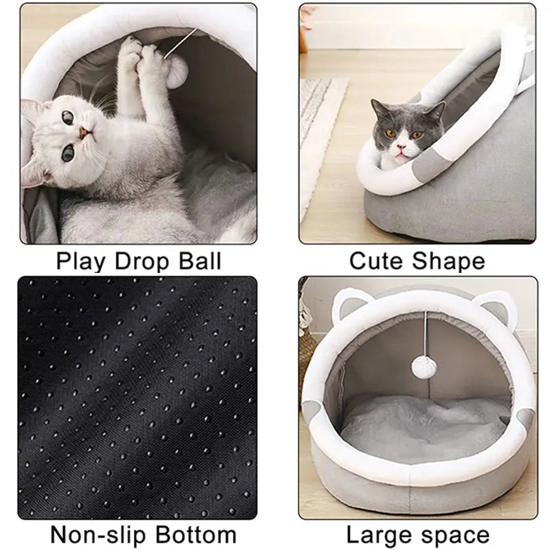 Cat bed with features highlighted, including a play drop ball, cute shape, non-slip bottom, and large space.