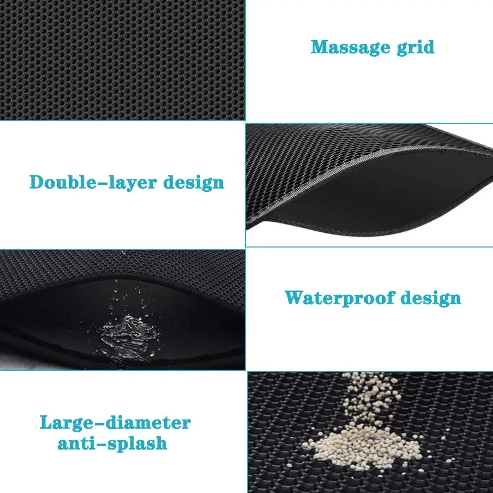 Product features including massage grid, double-layer design, waterproof design, and large-diameter anti-splash on a black mesh background.