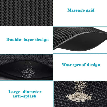 Product features including massage grid, double-layer design, waterproof design, and large-diameter anti-splash on a black mesh background.