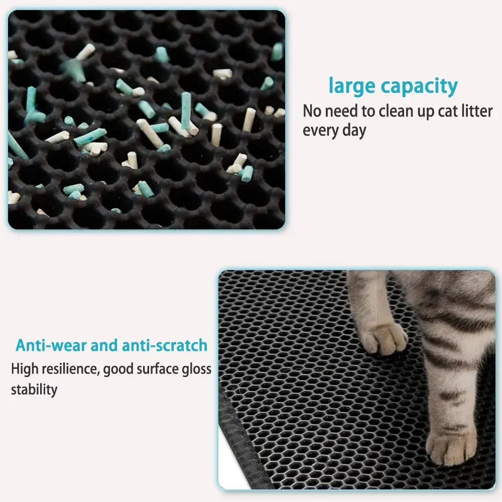 Cat litter mat with text highlighting its features on a white background