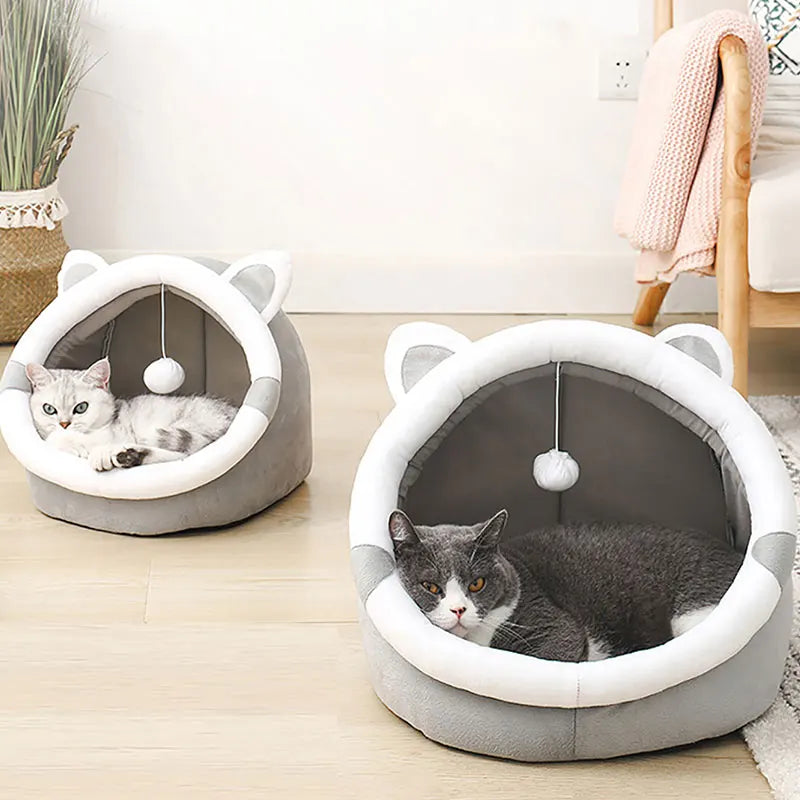 Gray and white indoor cat cave bed with removable cushion (S/M/L)
